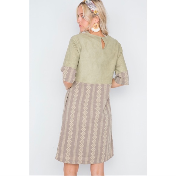 Hidden Alley Mocha Olive Contrast Shift Boho Dress - Picture 2 of 12